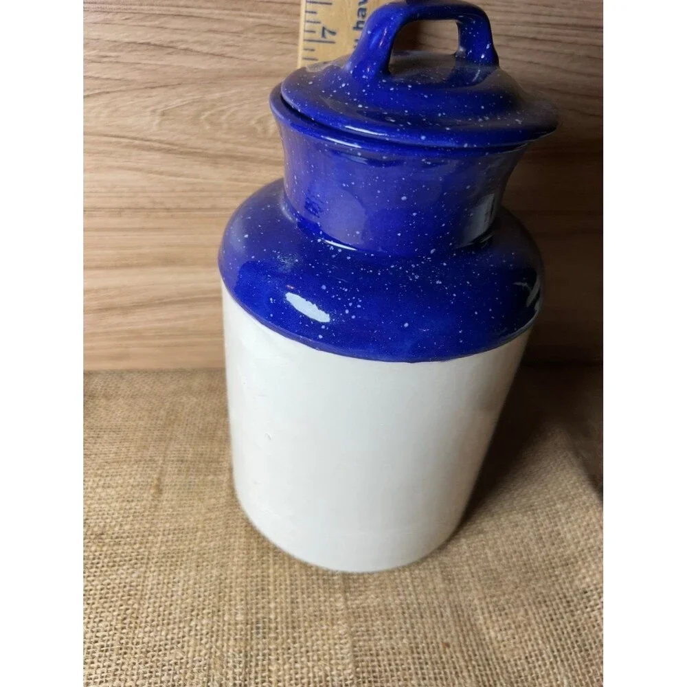Vintage Ceramic Chicken Floral Strawberry Kitchen Canister Jar Blue Lid